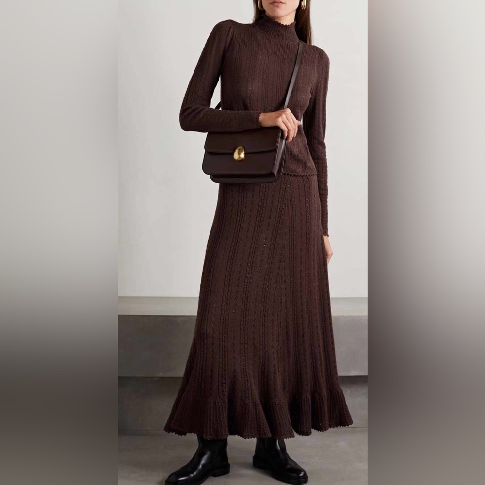 VTG “Doen” Style Brown Wool Sheer Pointelle Hand Knit Skirt Set Size M